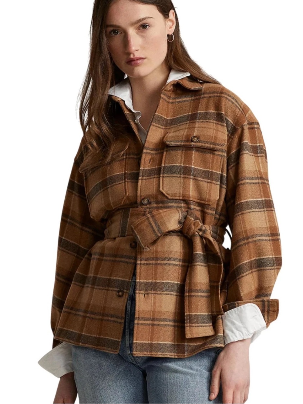 Polo Ralph Lauren Plaid Twill Wool Blend Belted Jacket Sweater Sz 4 Preppy